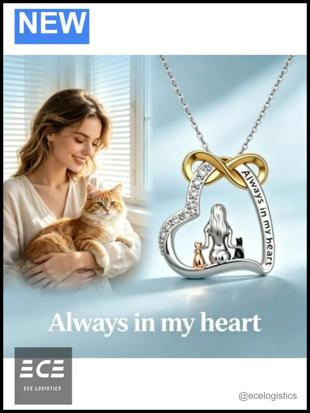 Cat Necklace 18K Gold Plated Heart Pendant for Cat Lovers